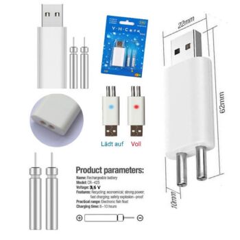 Angelspezi USB-Ladeger&auml;t f&uuml;r 2 Stabbatterien inkl 2 AKKU Batterien