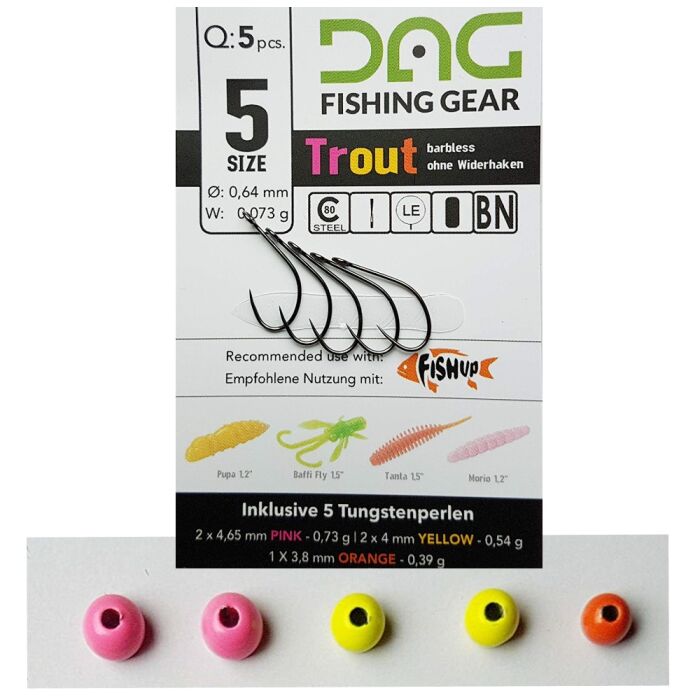 DAG Fishing Gear Trout Hook mit Tungsten Perlen ohne Widerhaken Gr.4 5 Stück