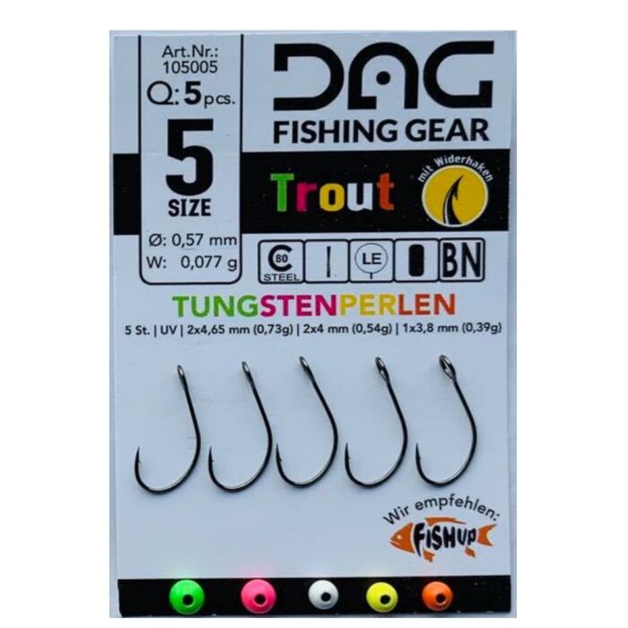 DAG Fishing Gear Trout Hook mit Tungsten Perlen mit Widerhaken Gr.3 5 Stück