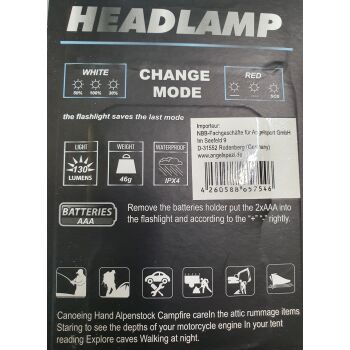 Premium Kopflampe Headlamp Kopflampe Weiß/Rotlicht 130 Lumens